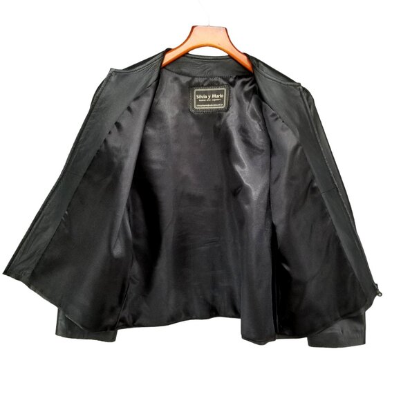 Silvia y Mario Womens Black Leather Jacket Lined Pockets Full Zip Argentina Sz M - Picture 3 of 16